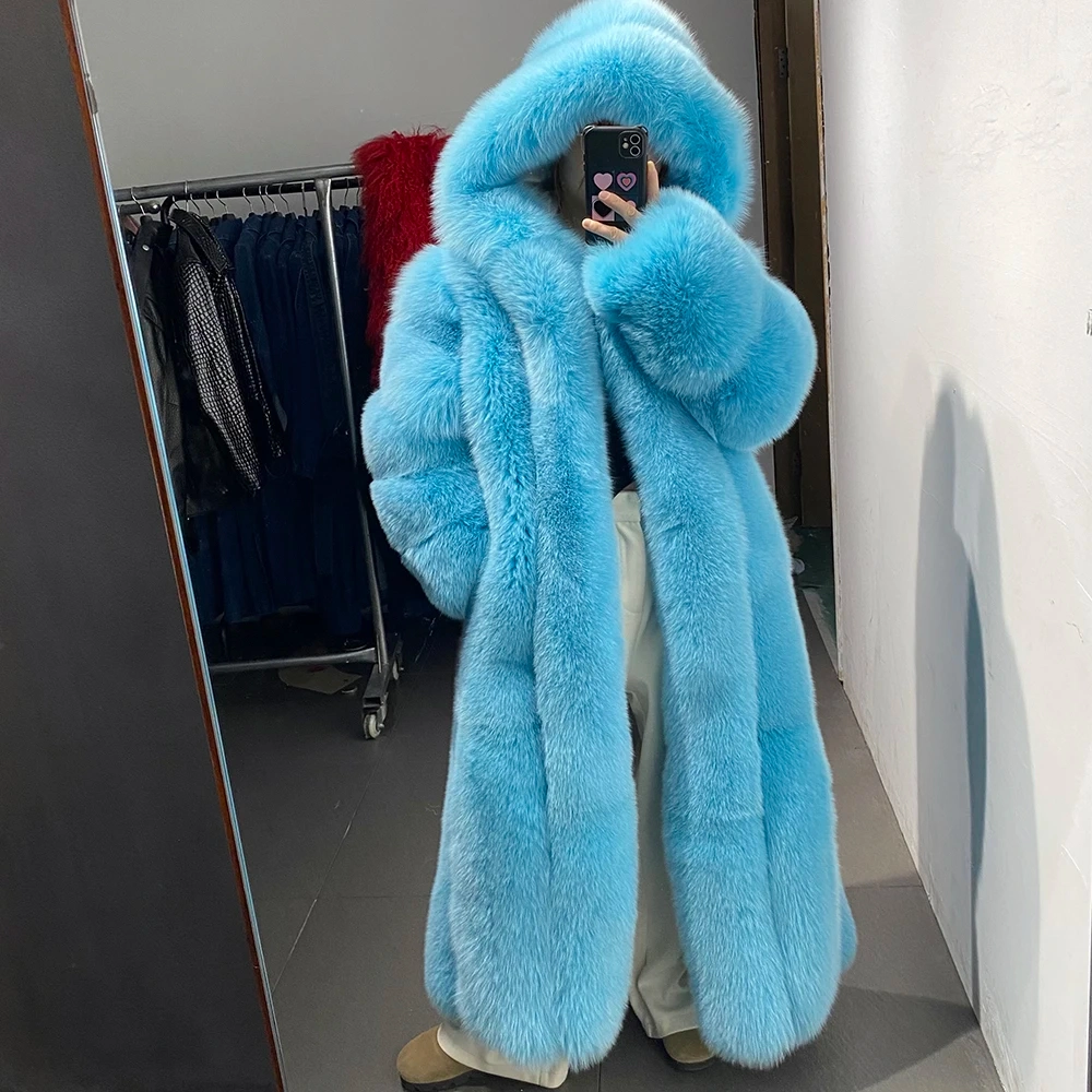 Long hooded real fox fur coat for luxurious winter warmth - WGLUVF