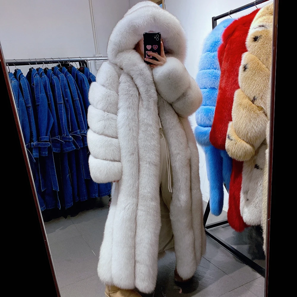 Long hooded real fox fur coat for luxurious winter warmth - WGLUVF
