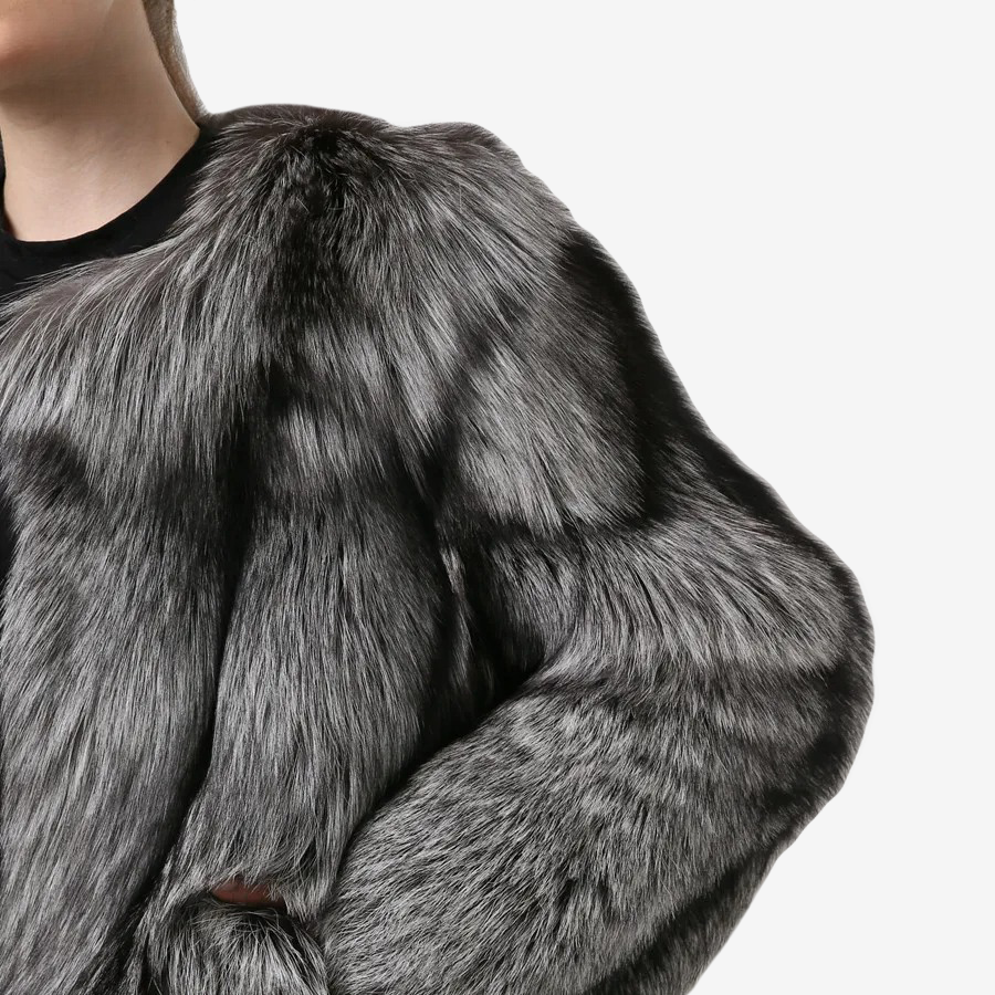 Silver Fox Fur Coat With Vertical Stripes Made Of 100% Genuine Fur - WGLUVF