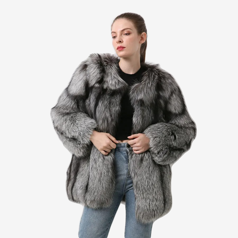 Silver Fox Fur Coat With Vertical Stripes Made Of 100% Genuine Fur - WGLUVF