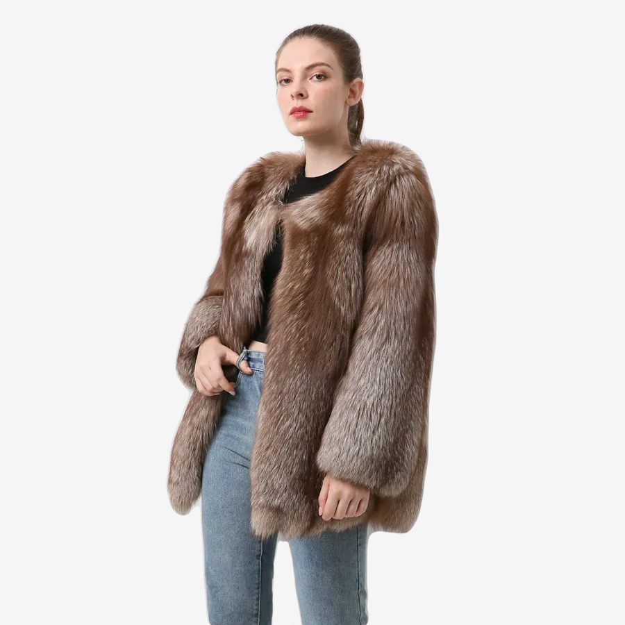 Silver Fox Fur Coat With Vertical Stripes Made Of 100% Genuine Fur - WGLUVF
