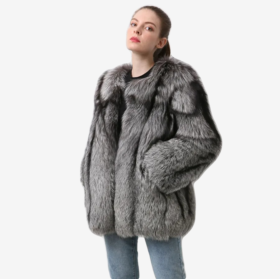 Silver Fox Fur Coat With Vertical Stripes Made Of 100% Genuine Fur - WGLUVF