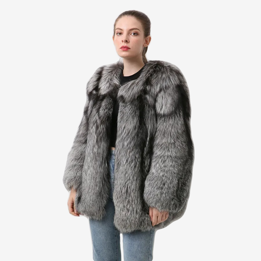 Silver Fox Fur Coat With Vertical Stripes Made Of 100% Genuine Fur - WGLUVF