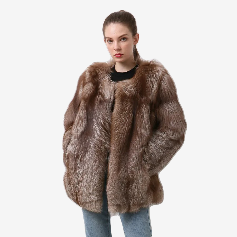 Silver Fox Fur Coat With Vertical Stripes Made Of 100% Genuine Fur - WGLUVF