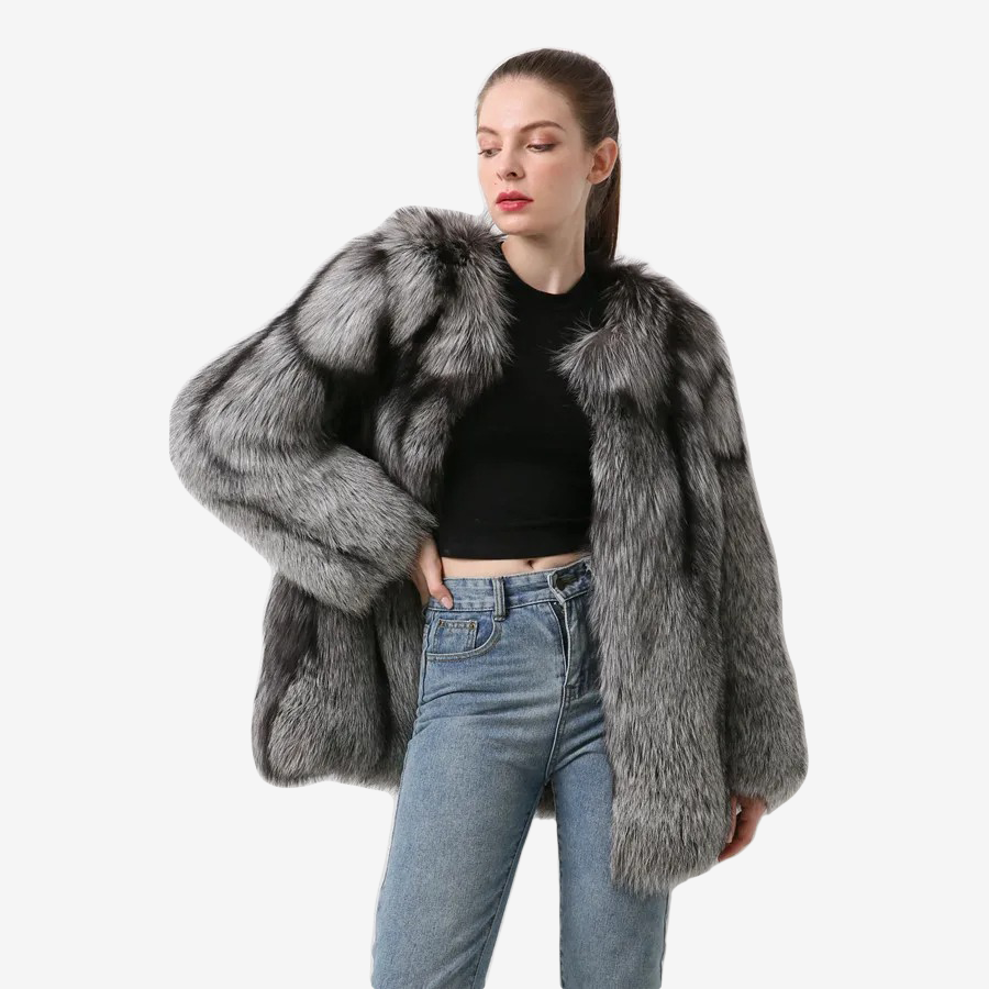 Silver Fox Fur Coat With Vertical Stripes Made Of 100% Genuine Fur - WGLUVF