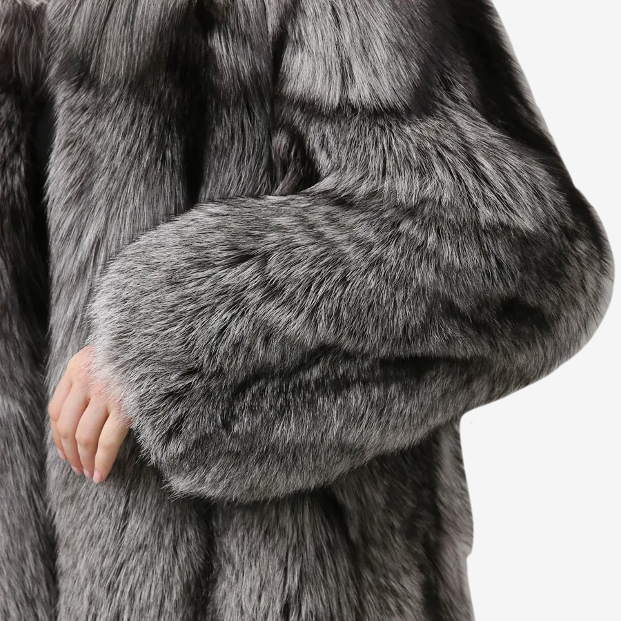 Silver Fox Fur Coat With Vertical Stripes Made Of 100% Genuine Fur - WGLUVF
