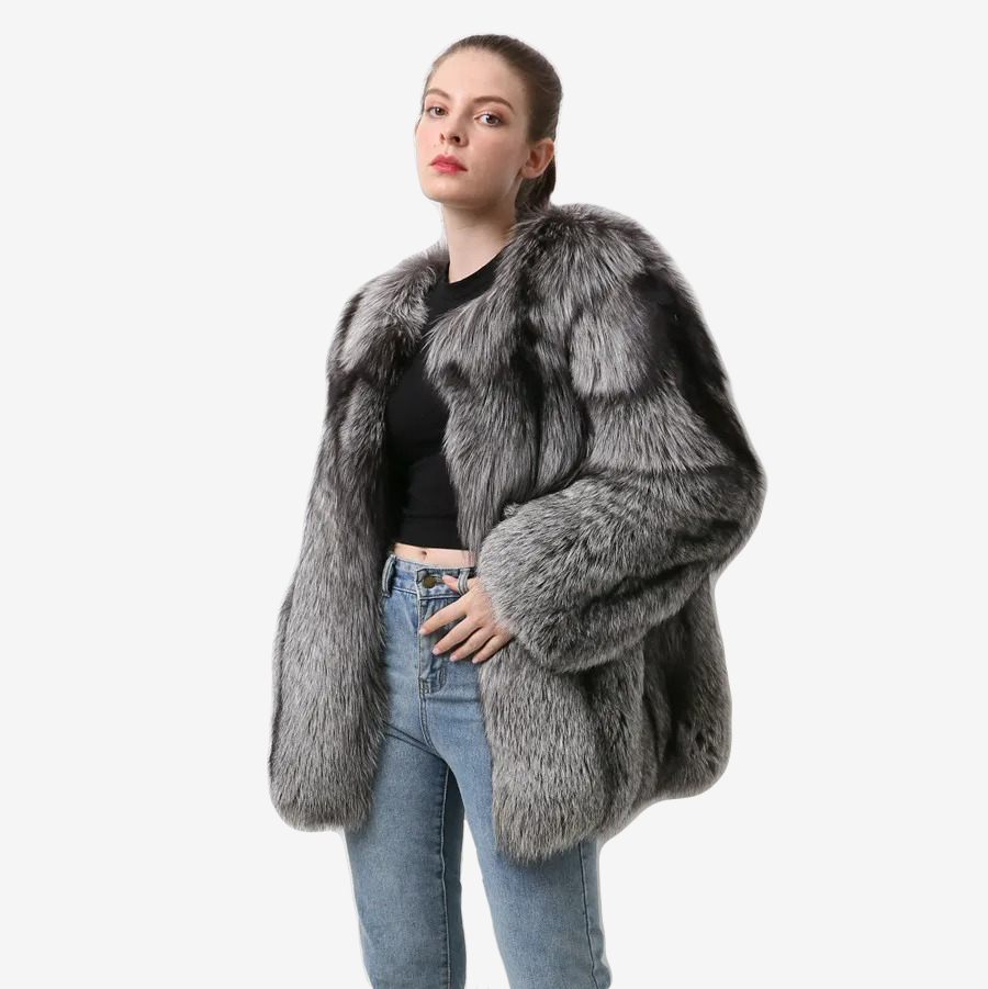 Silver Fox Fur Coat With Vertical Stripes Made Of 100% Genuine Fur - WGLUVF