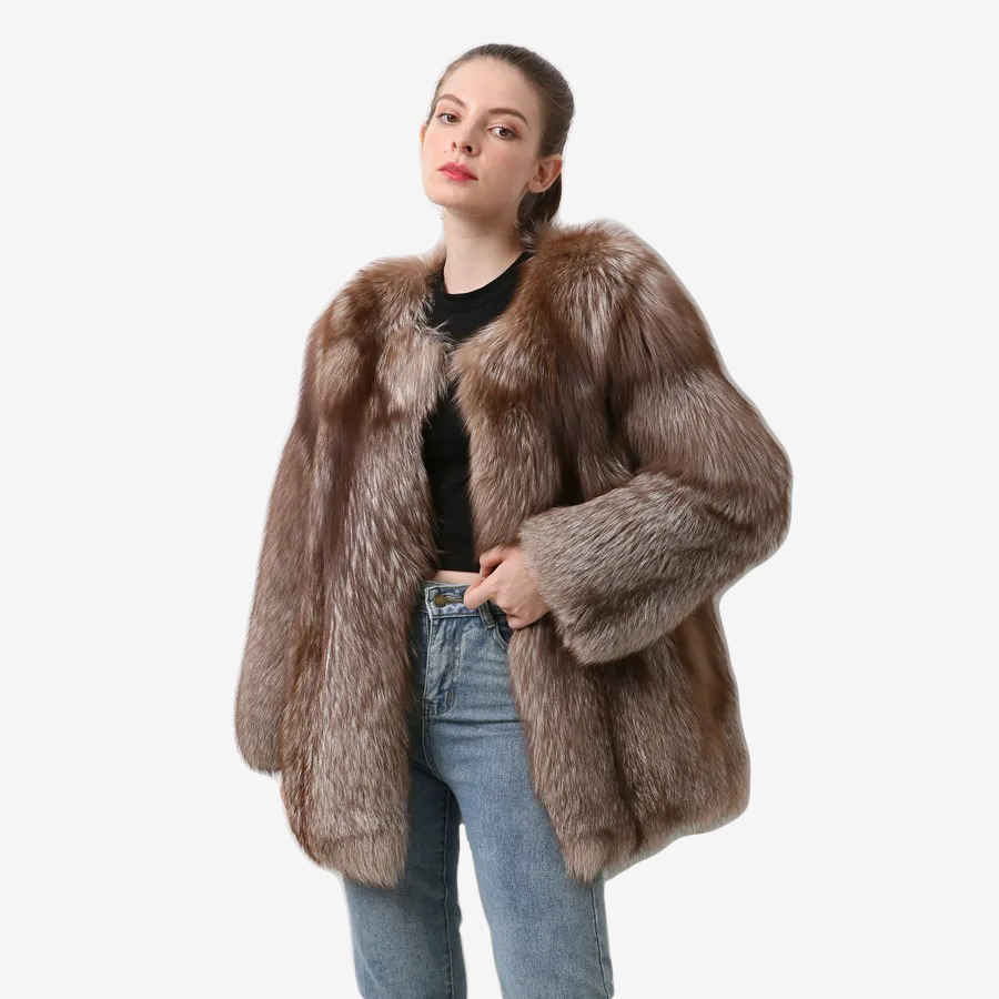 Silver Fox Fur Coat With Vertical Stripes Made Of 100% Genuine Fur - WGLUVF