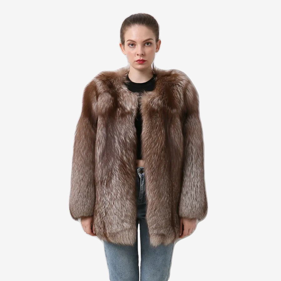 Silver Fox Fur Coat With Vertical Stripes Made Of 100% Genuine Fur - WGLUVF