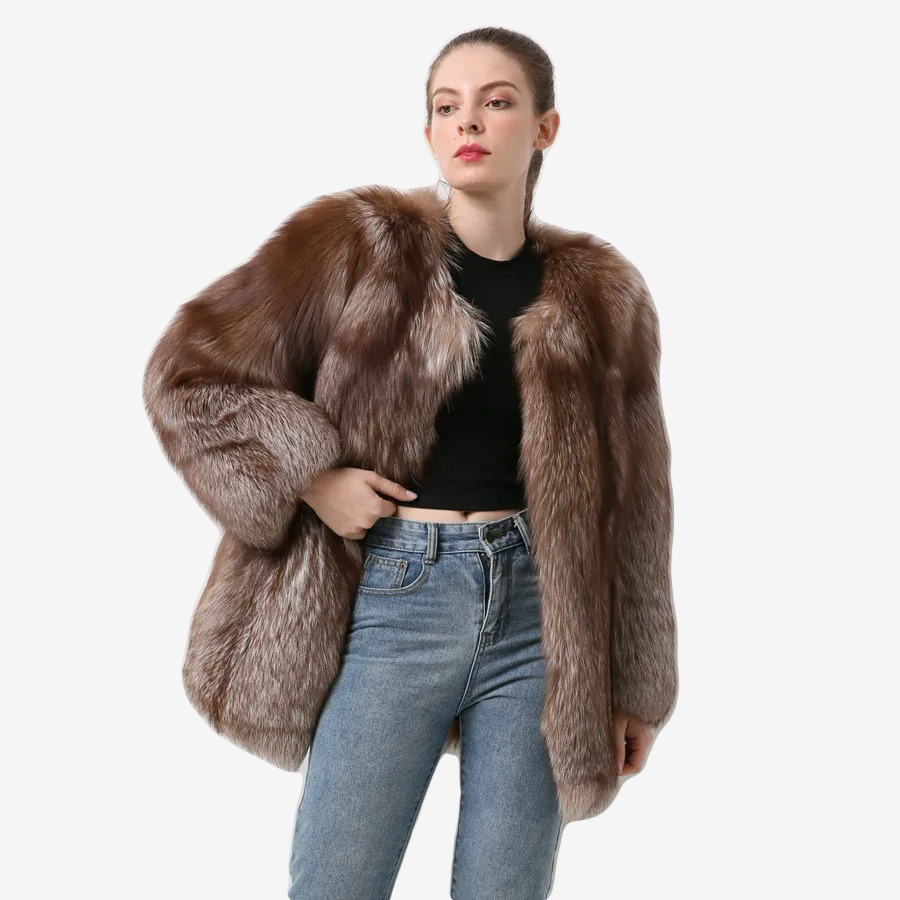 Silver Fox Fur Coat With Vertical Stripes Made Of 100% Genuine Fur - WGLUVF