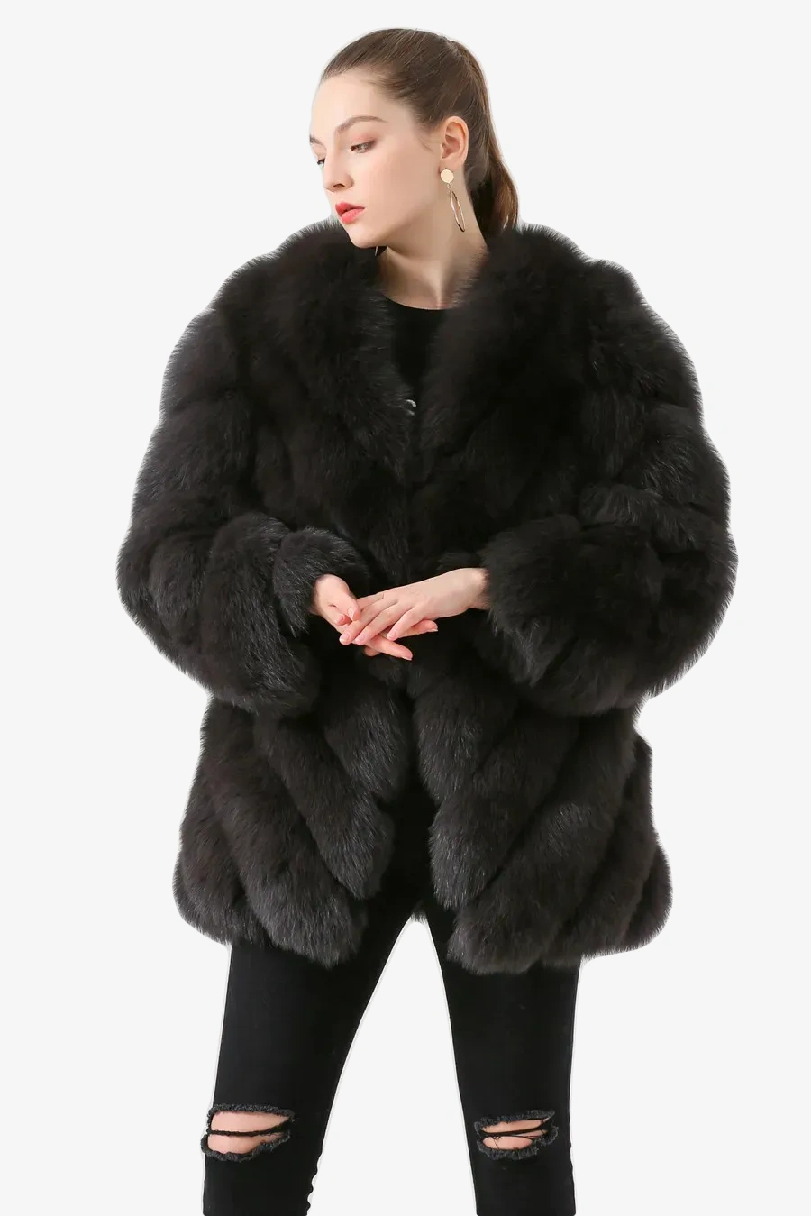 Real fox fur coat long sleeved women's diagonal pattern - WGLUVF