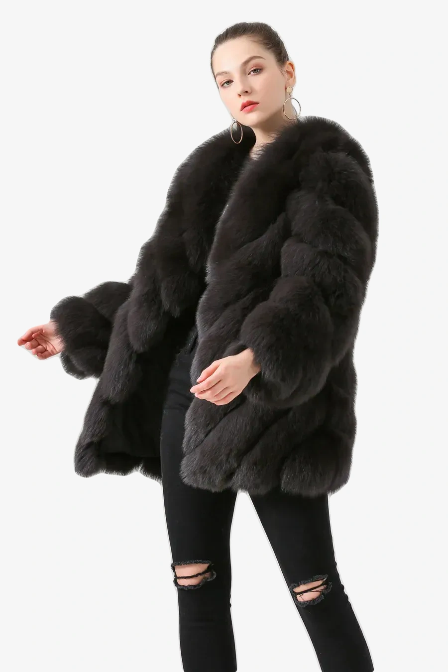 Real fox fur coat long sleeved women's diagonal pattern - WGLUVF