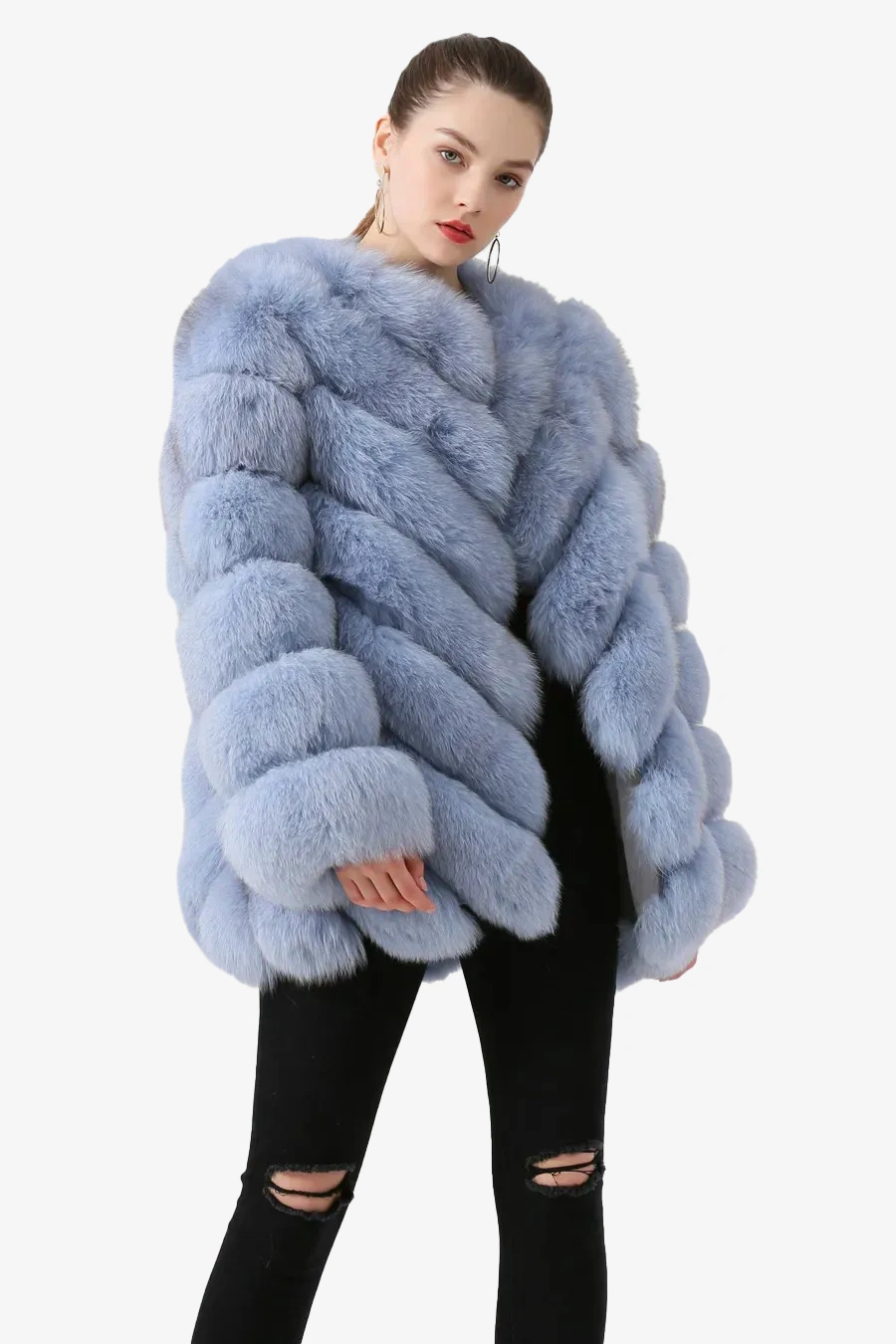 Real fox fur coat long sleeved women's diagonal pattern - WGLUVF