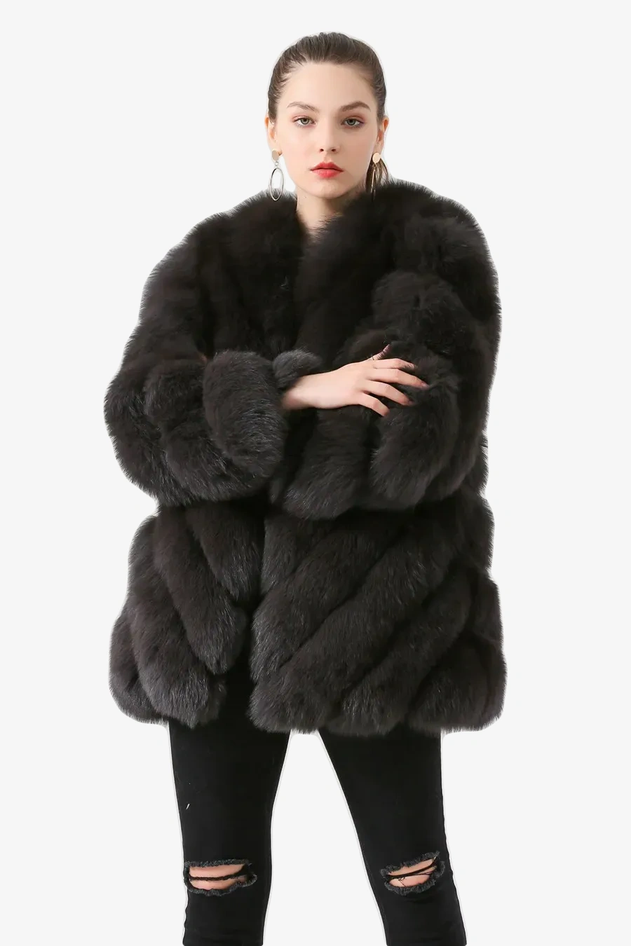 Real fox fur coat long sleeved women's diagonal pattern - WGLUVF