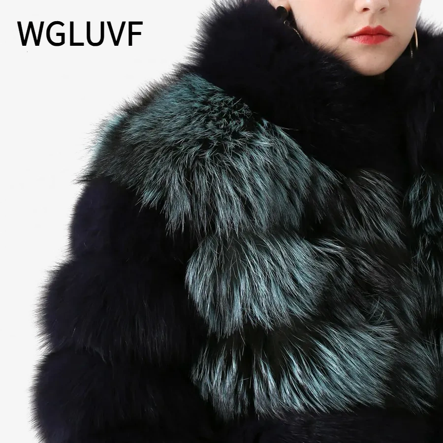 Women real fox fur coat long coat stand collar luxury genuine fur winter thick fur - WGLUVF