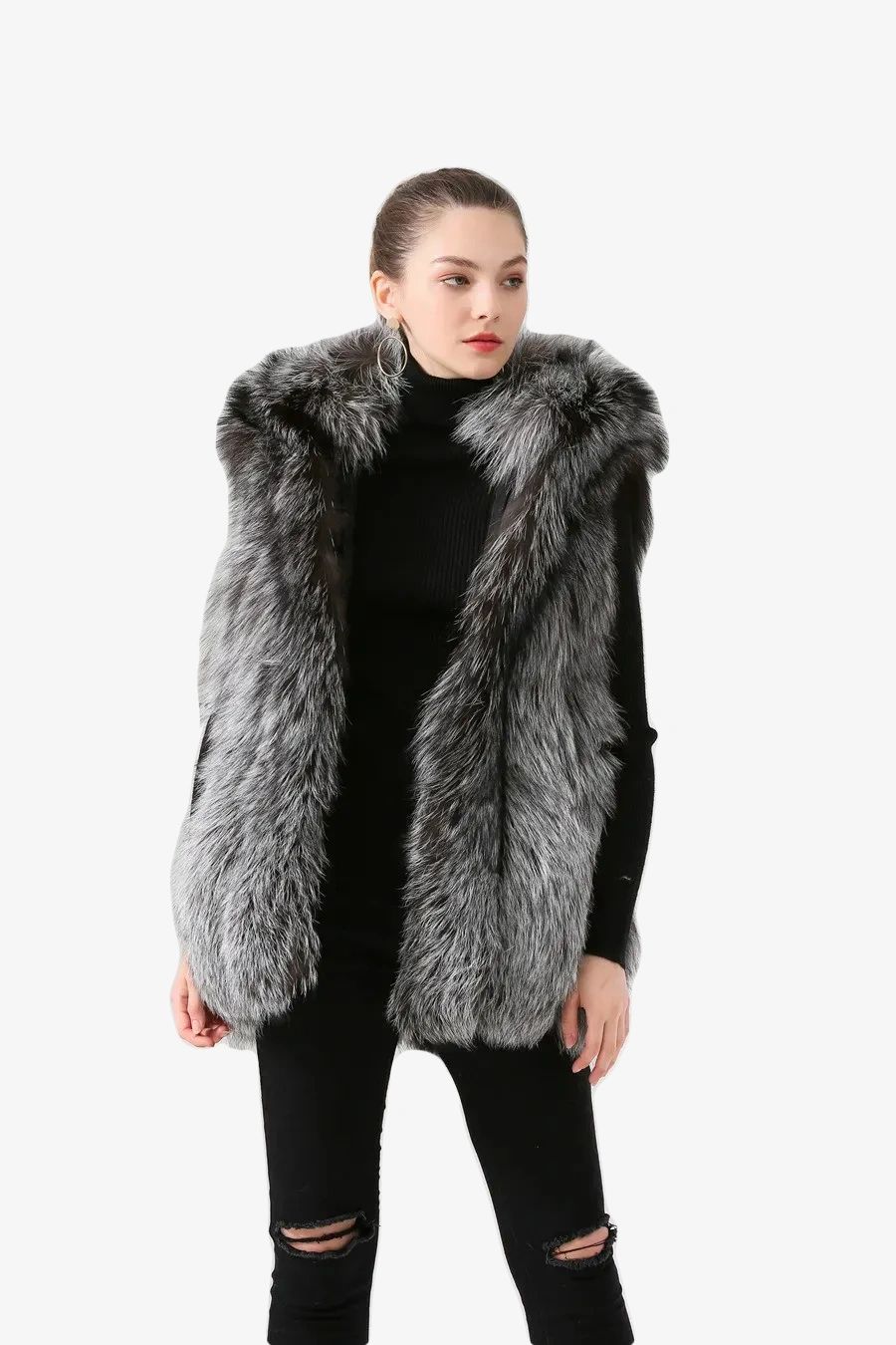 Women winter real fox fur vest fur hood gilet sliver fox fur coat - WGLUVF