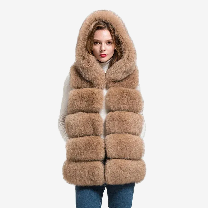 Women's natural fur hooded fox fur vest WG-5-row/70-hood - WGLUVF