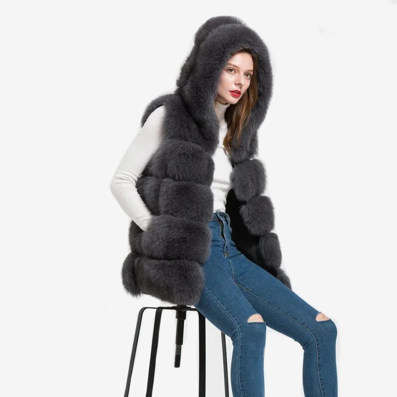 Women's natural fur hooded fox fur vest WG-5-row/70-hood - WGLUVF
