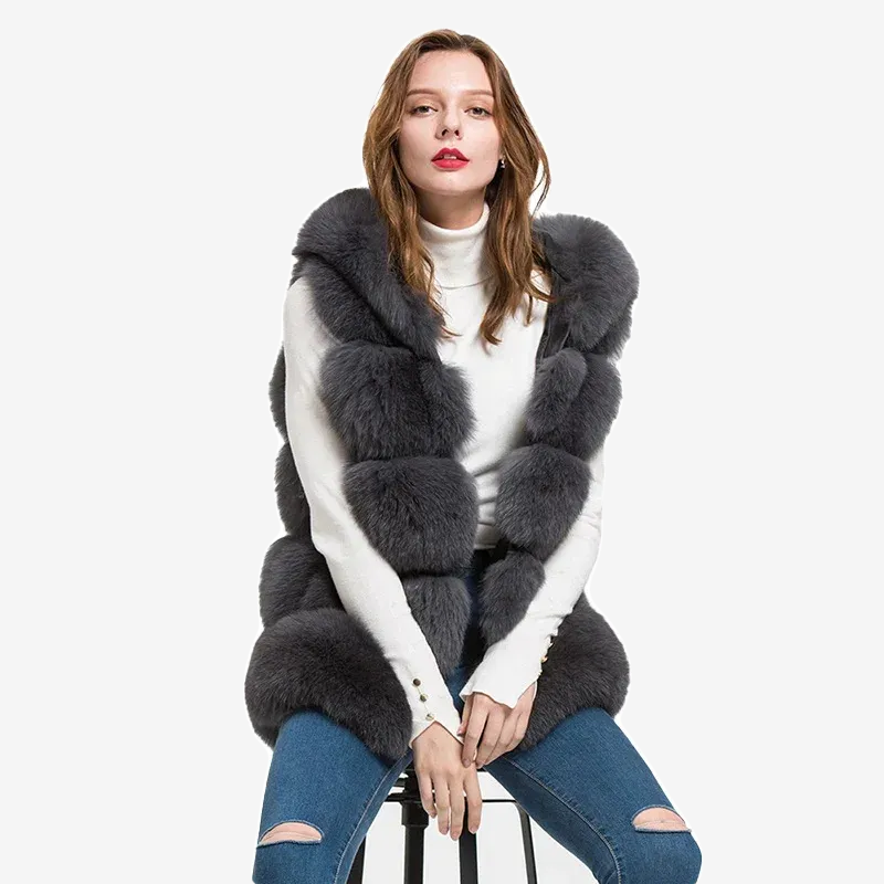 Women's natural fur hooded fox fur vest WG-5-row/70-hood - WGLUVF