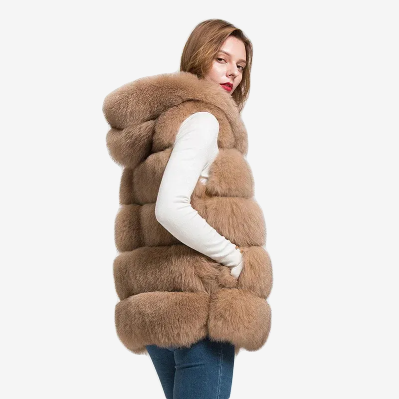 Women's natural fur hooded fox fur vest WG-5-row/70-hood - WGLUVF