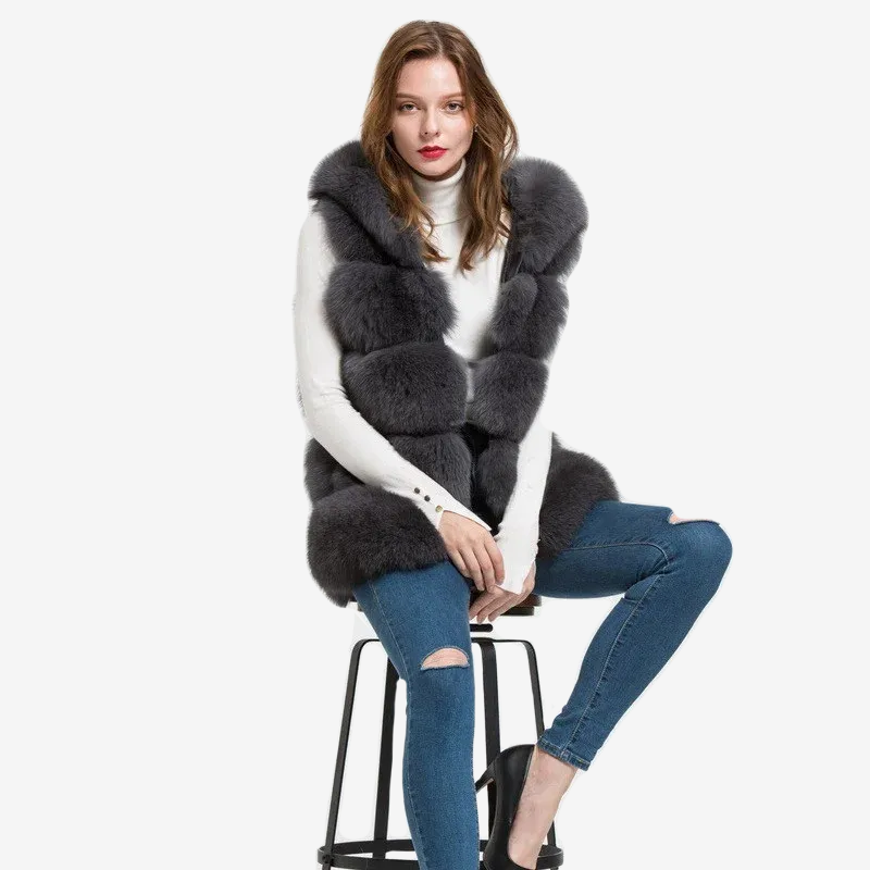 Women's natural fur hooded fox fur vest WG-5-row/70-hood - WGLUVF