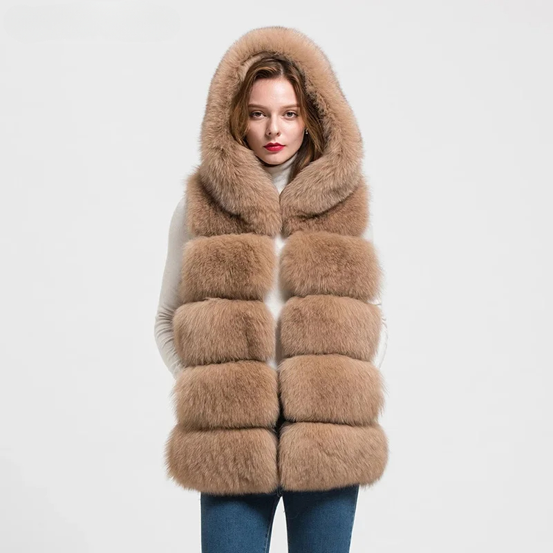 Women's natural fur hooded fox fur vest WG-5-row/70-hood - WGLUVF