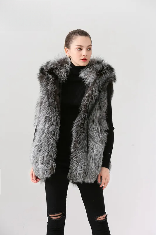 Women winter real fox fur vest fur hood gilet sliver fox fur coat - WGLUVF